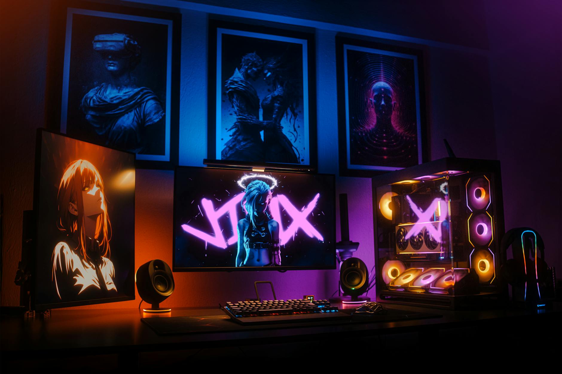 Modern gaming PC setup with RGB lighting and multiple monitors displaying colorful gaming interface