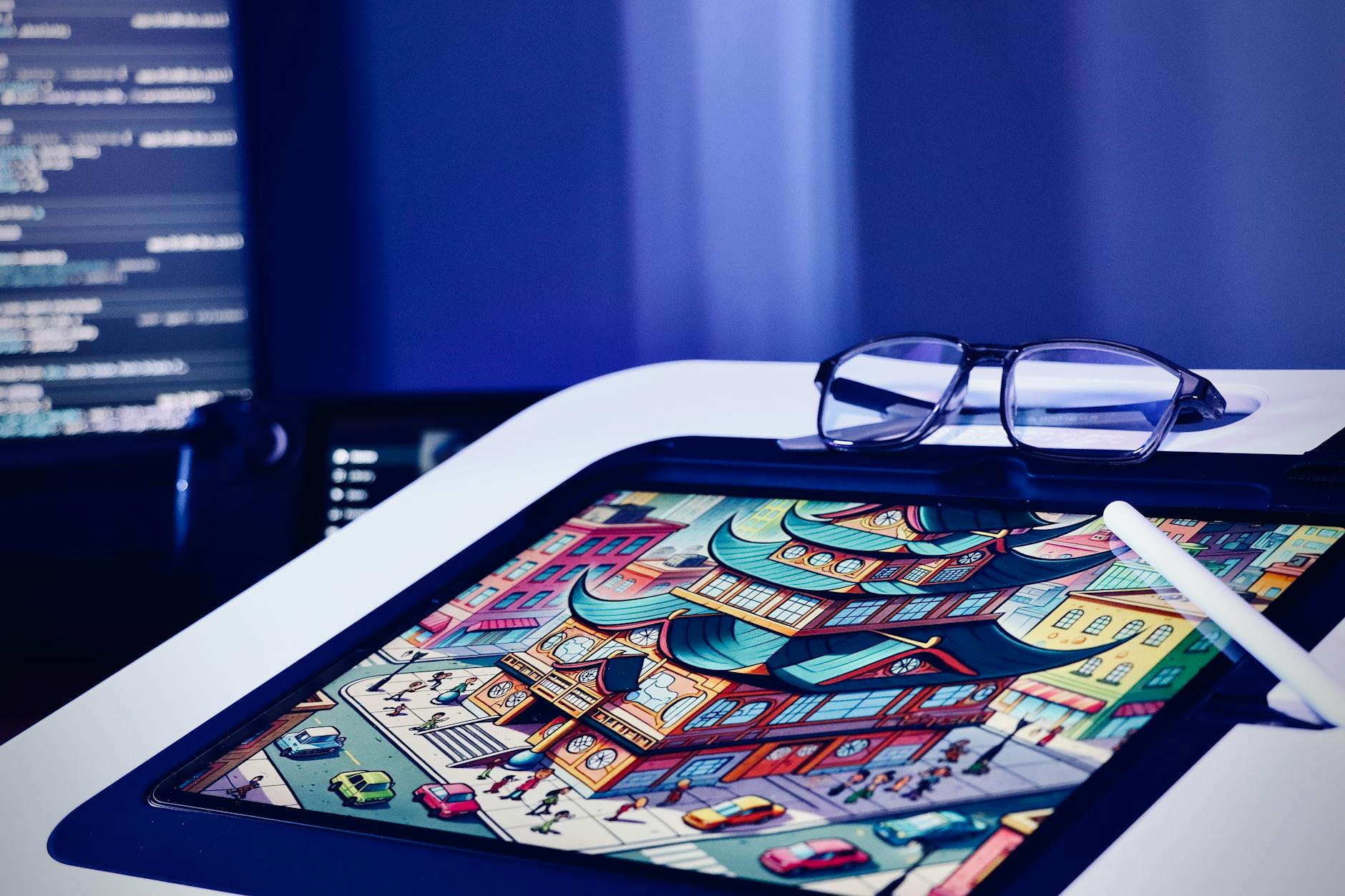 Digital artist working on 3D model creation with multiple monitors and graphics tablet