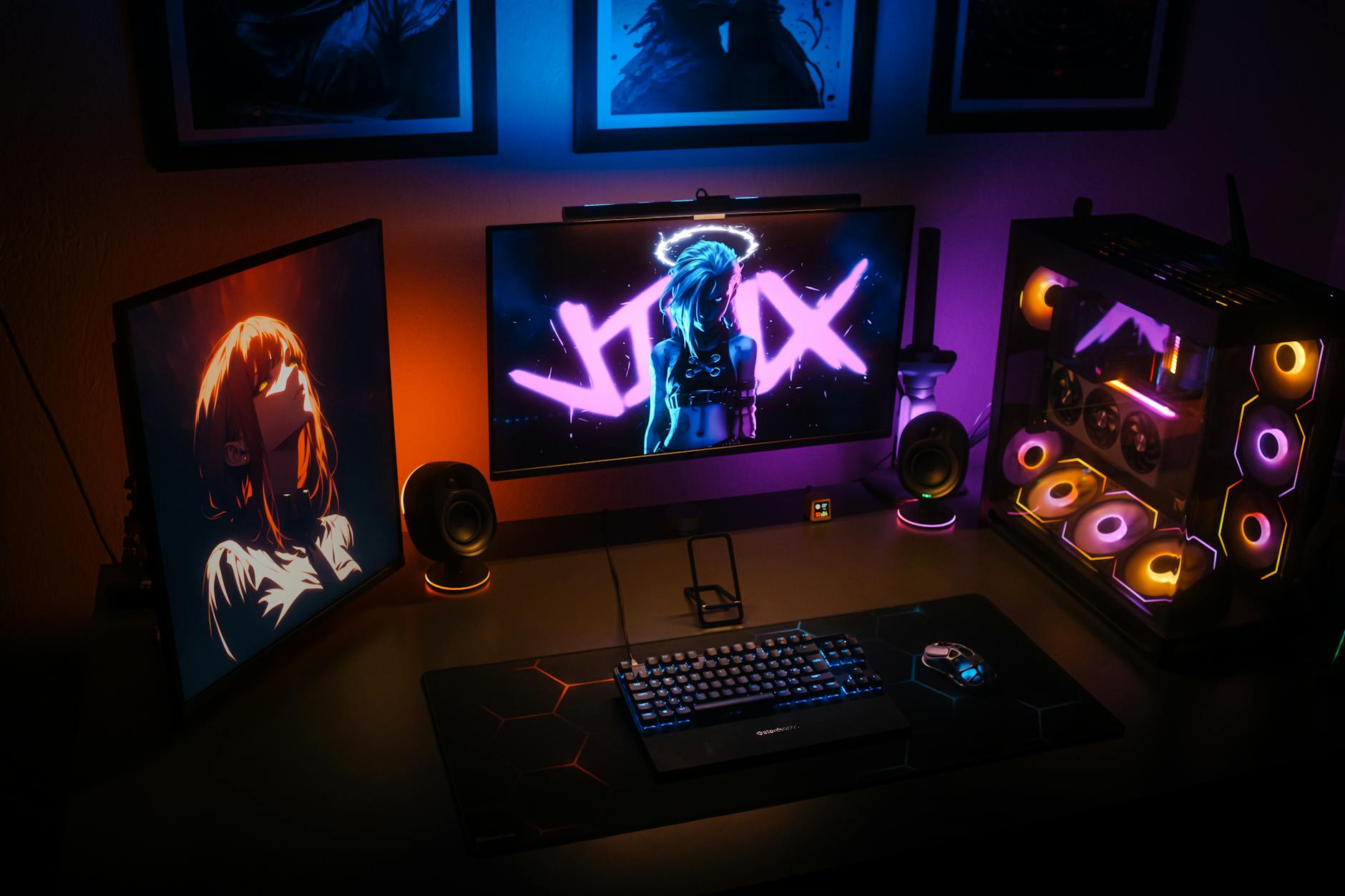 Gaming workspace with mechanical keyboard and RGB lighting effects