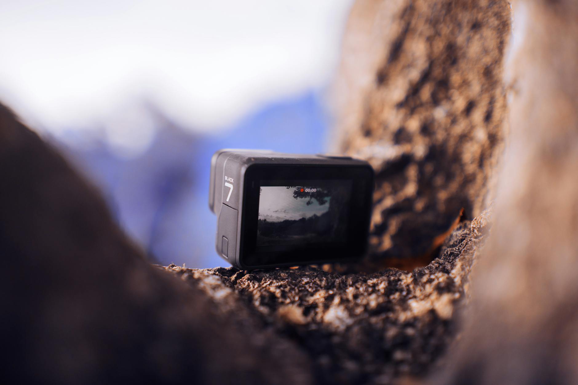 Action camera mounted outdoors ready for filming