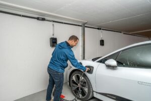 Large portable power station unit set up in a home utility room for backup power