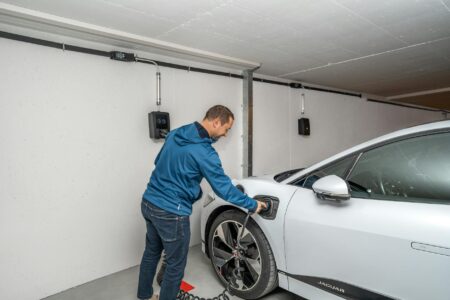 Large portable power station unit set up in a home utility room for backup power