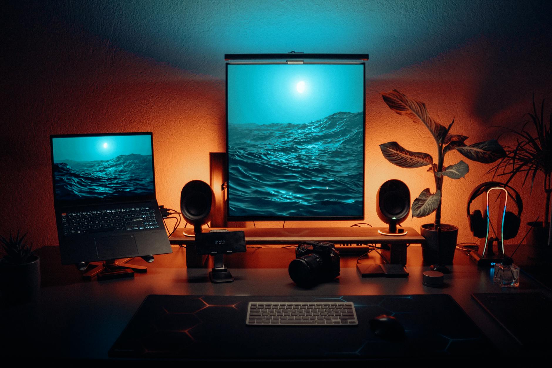Minimal desktop workspace with monitor, keyboard, and mouse