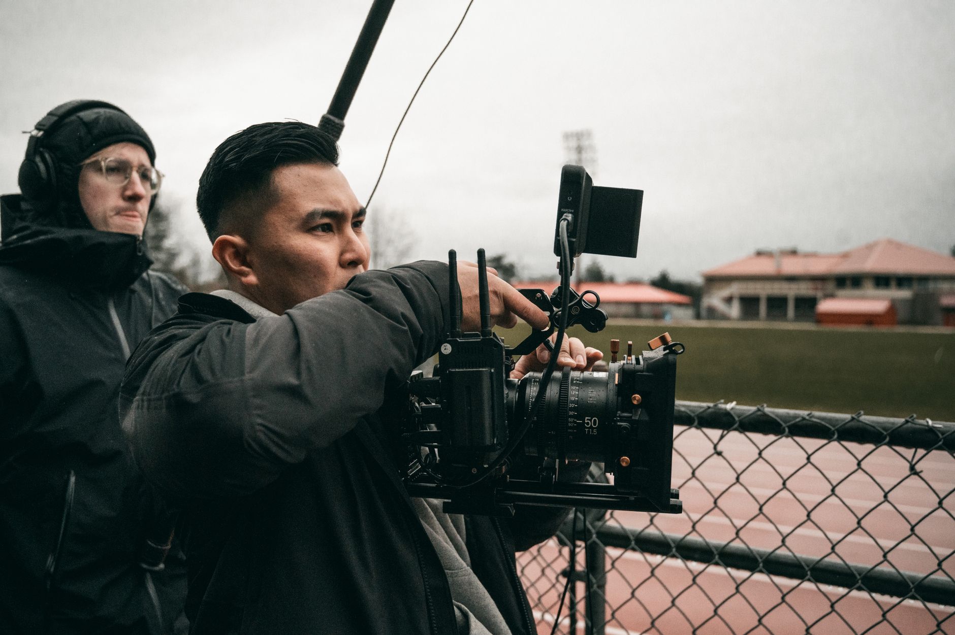Athlete with helmet-mounted camera during outdoor action sport