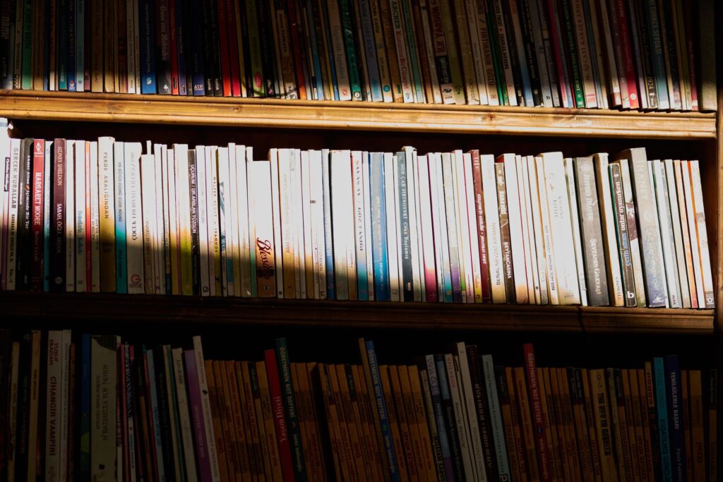 A shelf of organized comic books representing a personal comic library collection