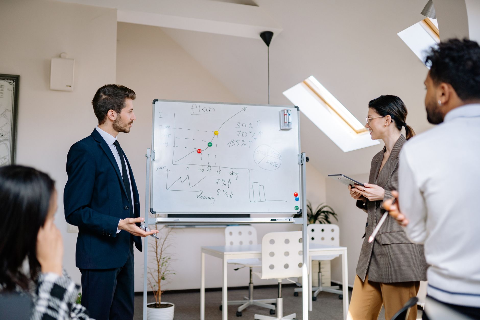 Team members reviewing tasks on a whiteboard during a project planning session