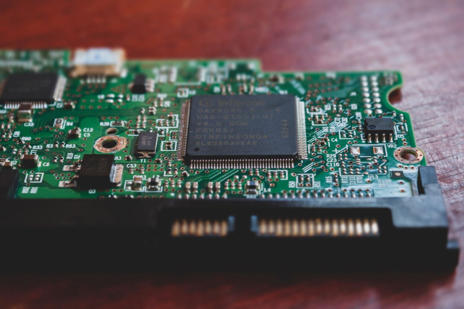 Close-up of a Raspberry Pi single-board computer on a desk