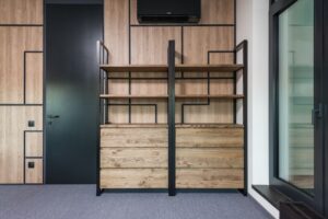 Organized shelving unit with labeled boxes representing a home inventory system