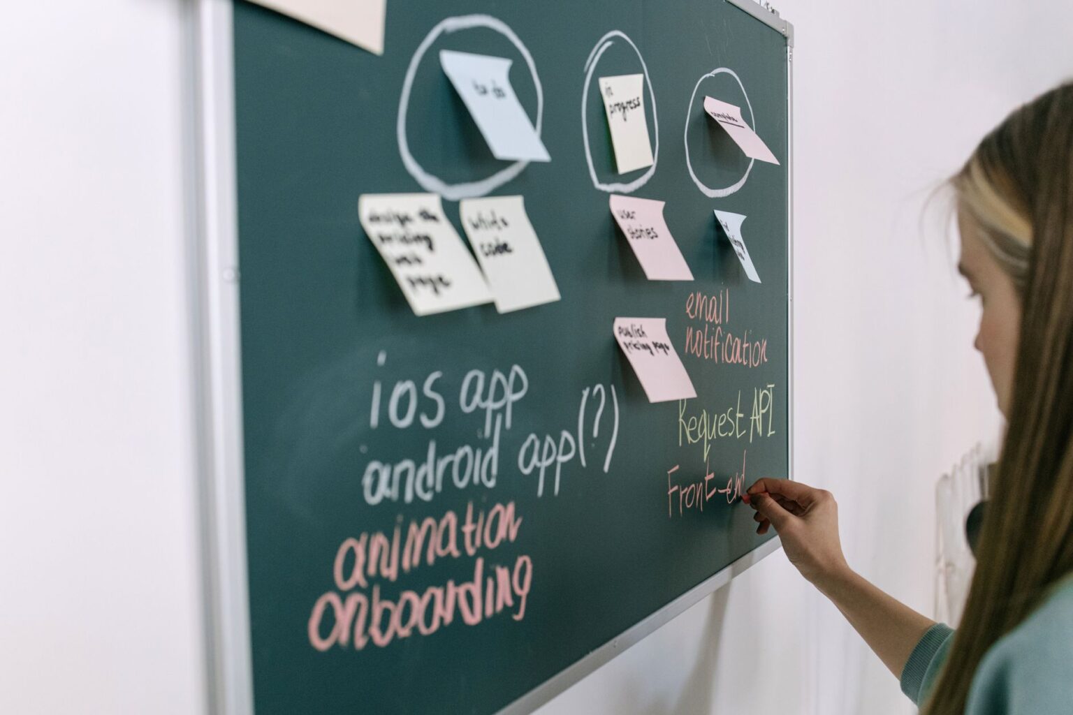 A physical Kanban board with colorful sticky notes organized in columns representing a project workflow