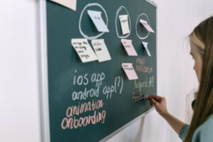A physical Kanban board with colorful sticky notes organized in columns representing a project workflow
