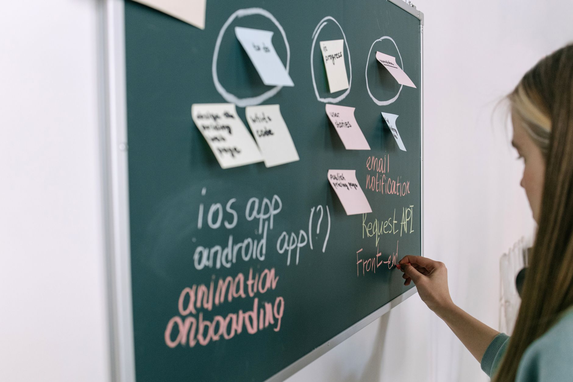 A physical Kanban board with colorful sticky notes organized in columns representing a project workflow