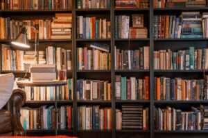 Shelves of organized books representing a personal digital library collection