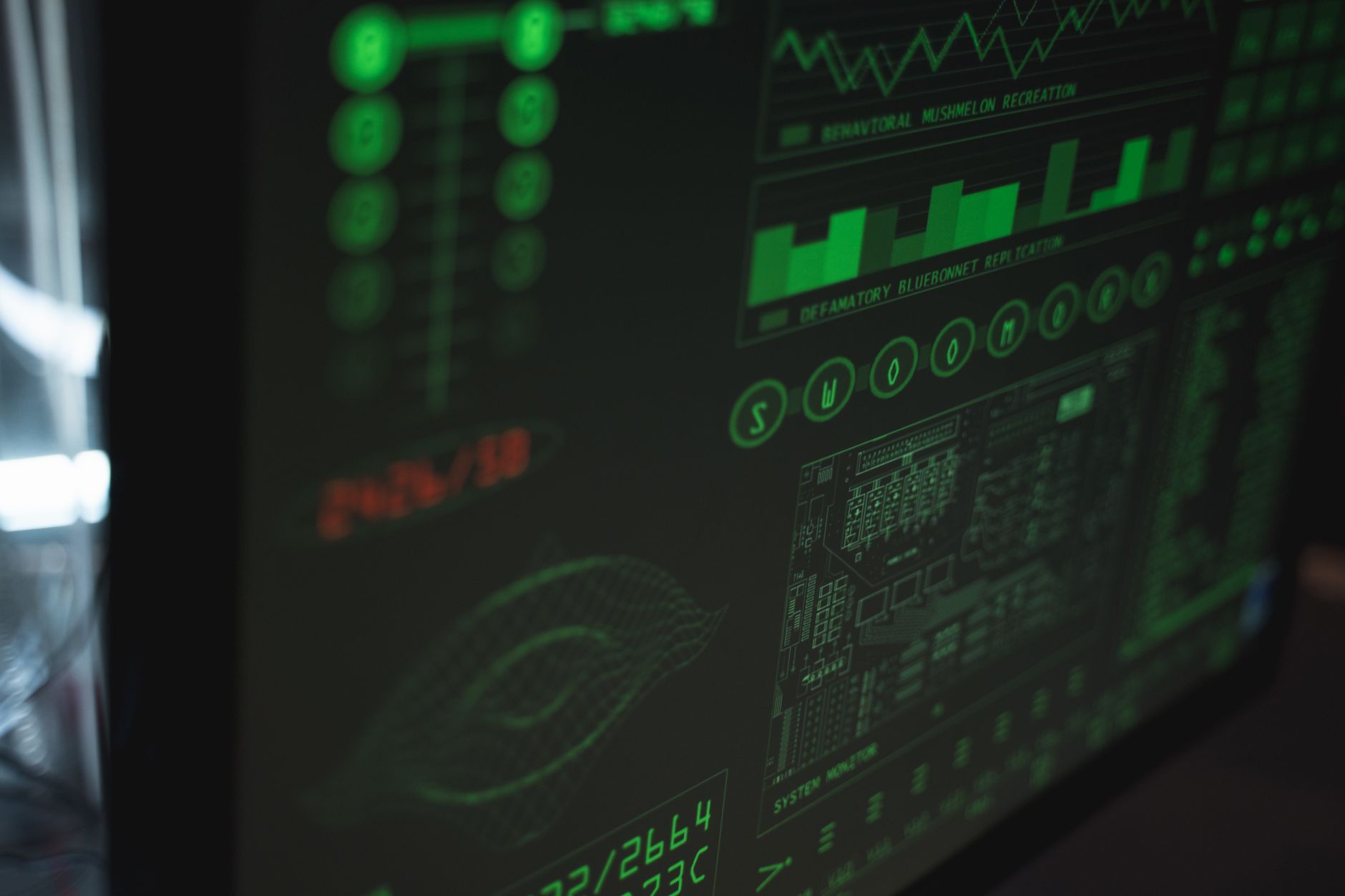 A monitor showing a data visualization dashboard with metrics and charts