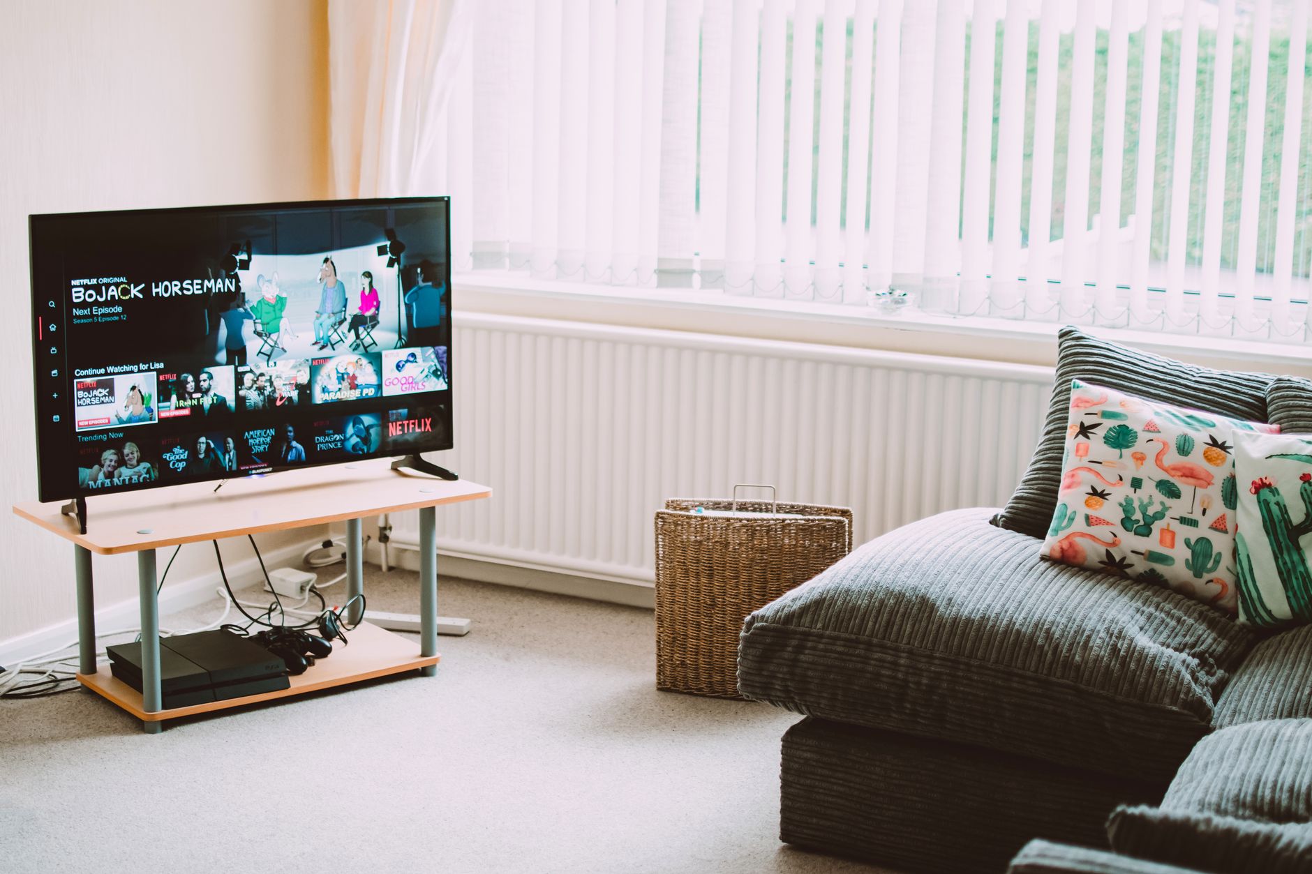 A person watching content on a large screen TV in a home living room setup